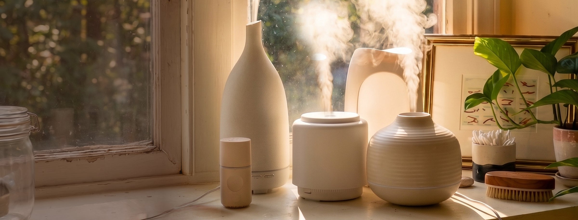 Saje diffuser collection in a sunlit home